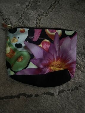 Neiman Marcus Black Cosmetic Pouch with Purple Floral Print